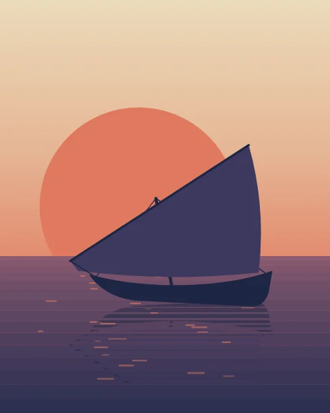 A sambuk under full sail is silhouetted against a large coral sun on a violet sea.