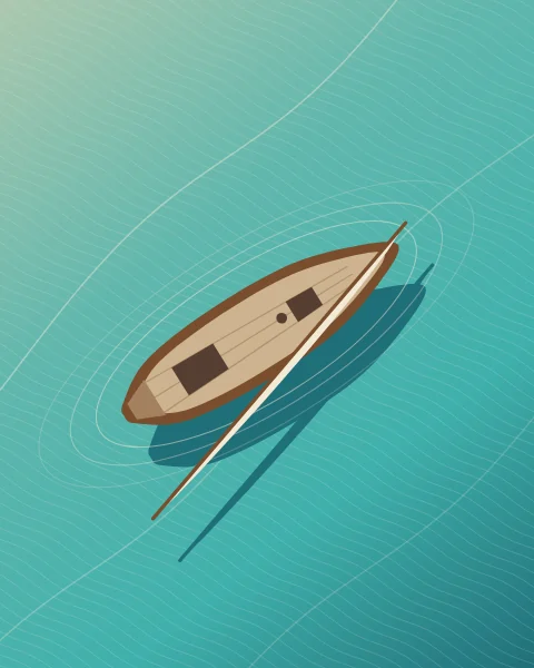 A dhow seen from directly above floats over clear turquoise shallows, its shadow falling on the sandy bottom.
