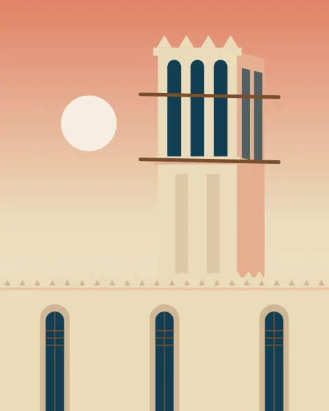 A single wind tower rises above a coral-stone house with a pierced parapet, against a coral sky.