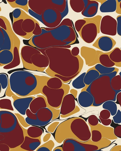 Packed stones of ox-blood and indigo pressed together on an ochre ground, with fine cream and black veins where earlier colours were squeezed thin.