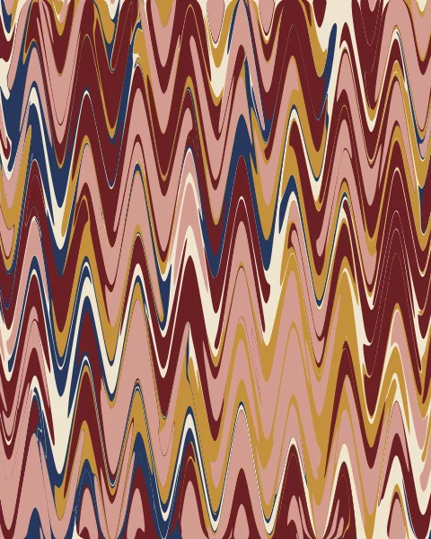 Stripes of ox-blood, rose, ochre and indigo drawn into tall waves that rise and fall across the sheet.