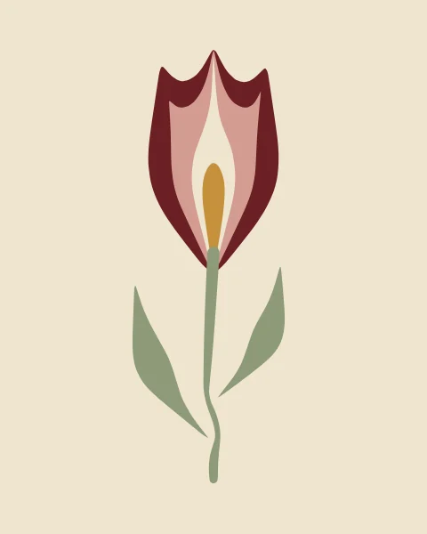 One tulip of ox-blood, rose and ochre rising on a slender stem with two pointed leaves, on a plain cream ground.