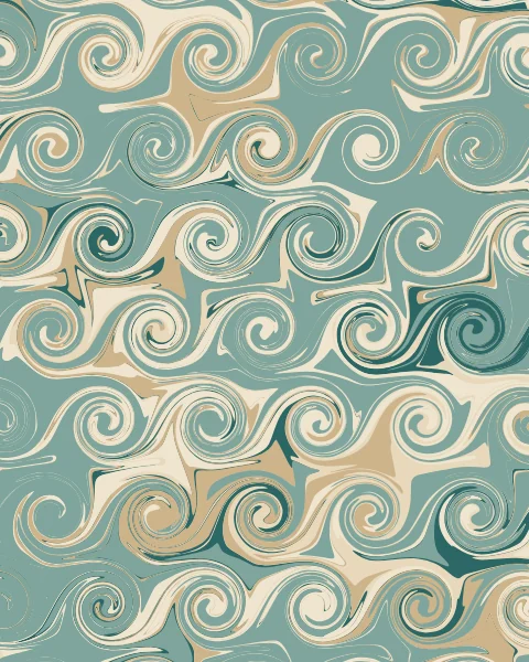 Rows of tight spirals in teal, sand and cream, each one winding the combed stripes into a small nest.