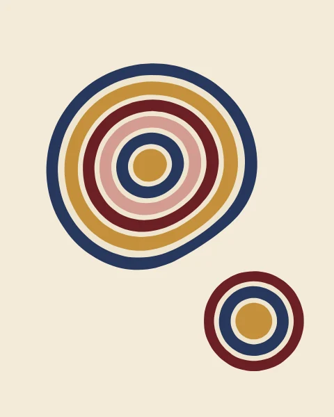 Two sets of concentric rings in indigo, ochre, ox-blood and rose, the larger gently pressed out of round by the smaller.