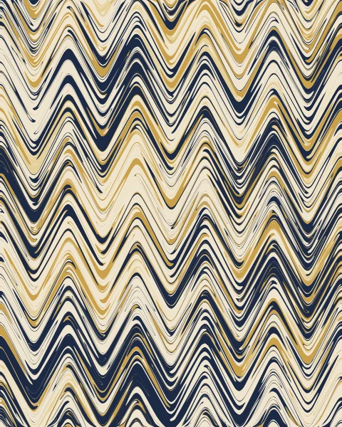 Fine bands of navy, gold and cream combed into rows of sharp chevrons, stacked one above another down the sheet.