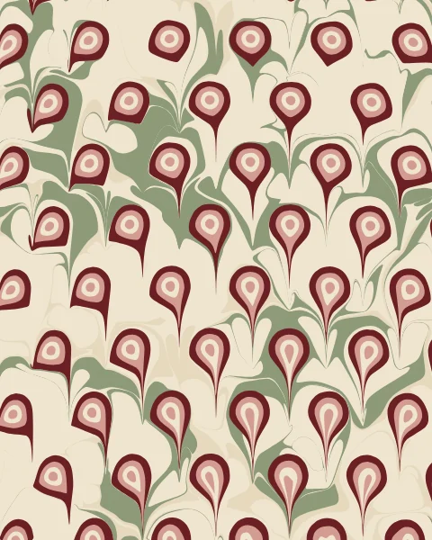 Rows of small hearts, each made of rings of ox-blood, rose, cream, indigo and ochre, over a pale sage stone ground.