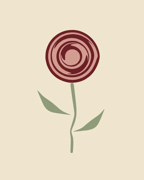 A round rose of ox-blood and rose spirals on a curving stem with two leaves.