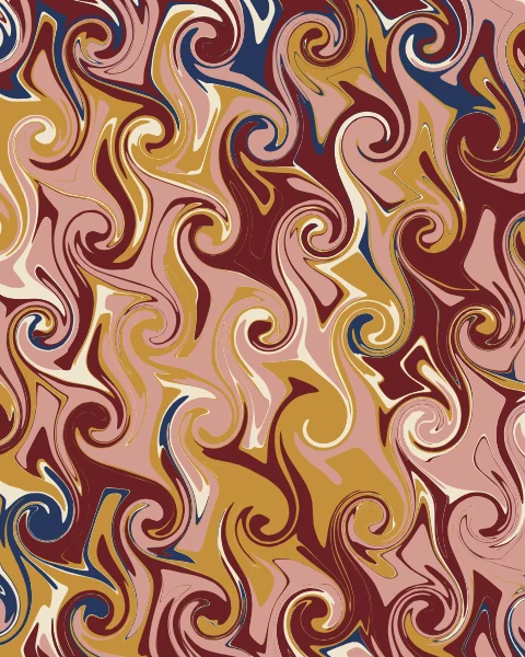 Curling swirls of ox-blood, rose, ochre and indigo turning in alternate directions across the whole sheet.