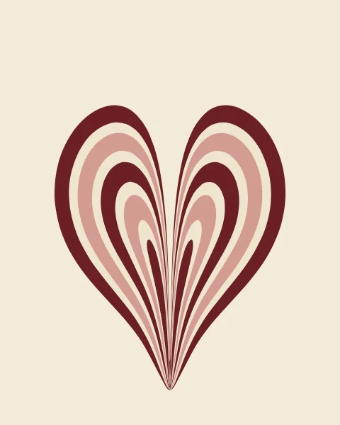 Concentric rings of ox-blood, rose and cream pulled by a single stroke into a heart.