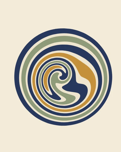 A disc of indigo, sage, ochre and cream rings wound into a single spiral.