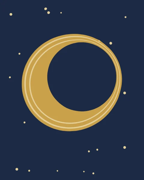 A banded gold crescent with stars of pale gold scattered across a navy sky.