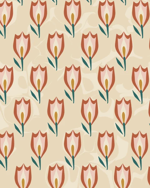 Rows of small tulips in terracotta, blush and ochre with teal stems on a sandy stone ground.