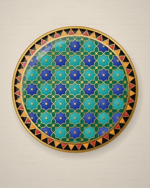 An emerald plate tiled edge to edge with eight-pointed stars in turquoise and cobalt, outlined in raised gold, inside a toothed rim of saffron and carnelian.
