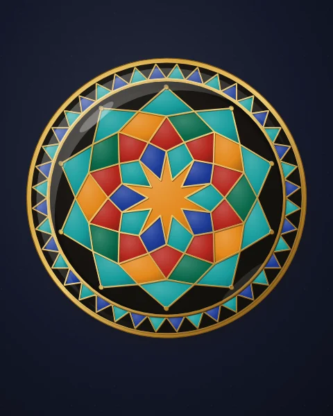 A black enamel plate holding a ten-pointed rosette of saffron, turquoise, cobalt and carnelian, ringed by gold-edged petals, on a deep ink ground.