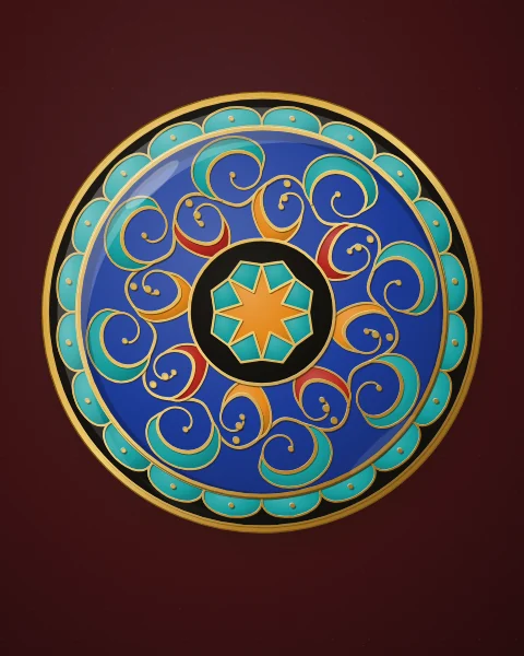 A cobalt plate circled by a gold vine whose curling leaves are filled with saffron, turquoise and carnelian, around a black centre and a small star, on deep oxblood.