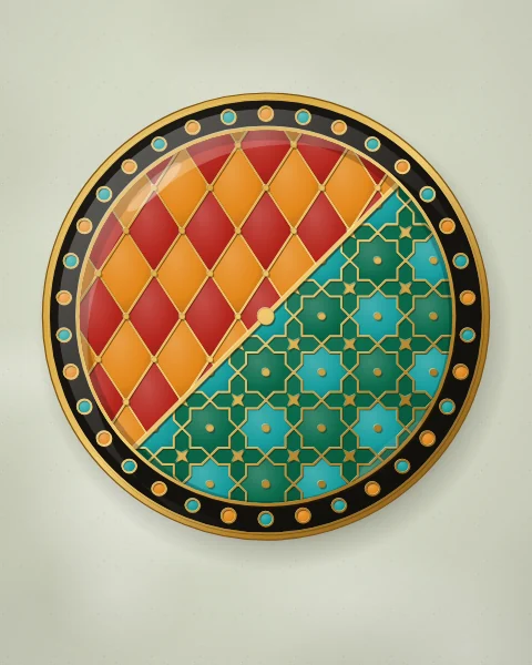 An enamel plate divided down a gold diagonal: emerald and turquoise stars on one half, a carnelian and saffron diamond lattice on the other.