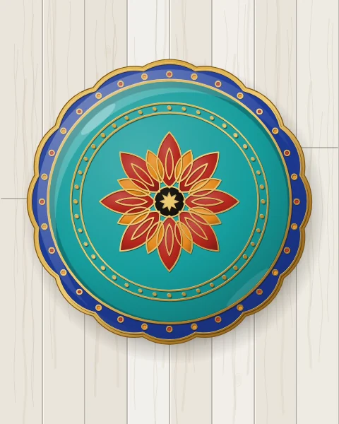A scalloped turquoise plate with an eight-petalled carnelian and saffron flower at its heart, a ring of gold dots and a cobalt rim of beads.