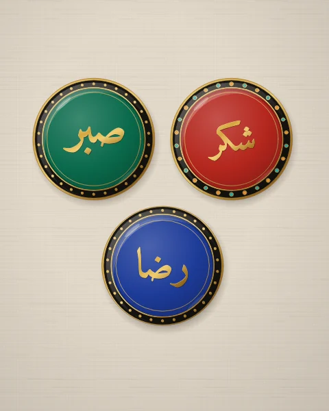 Three enamel plates in emerald, carnelian and cobalt carrying the words sabr, shukr and rida, patience, gratitude and contentment, in gold Naskh letters.