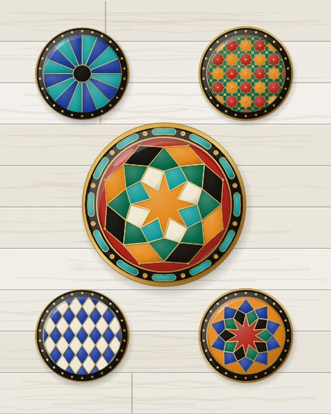 Five enamel plates hung as a group on whitewashed boards: a large carnelian rosette at the centre, with a cobalt sunburst, emerald stars, a turquoise lattice and a saffron rosette around it.