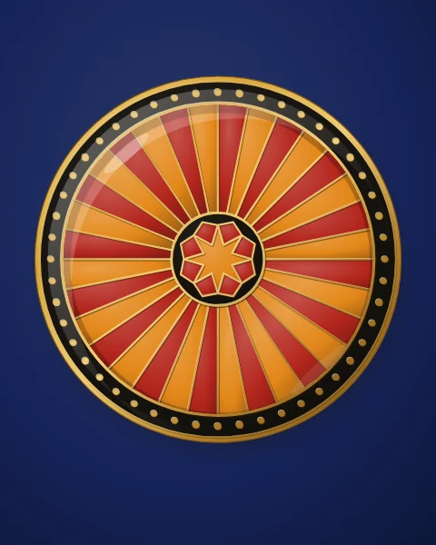A large enamel plate of thirty-two rays in alternating carnelian and saffron, each with a rounded tip, around a black centre and a small gold star, on deep cobalt.