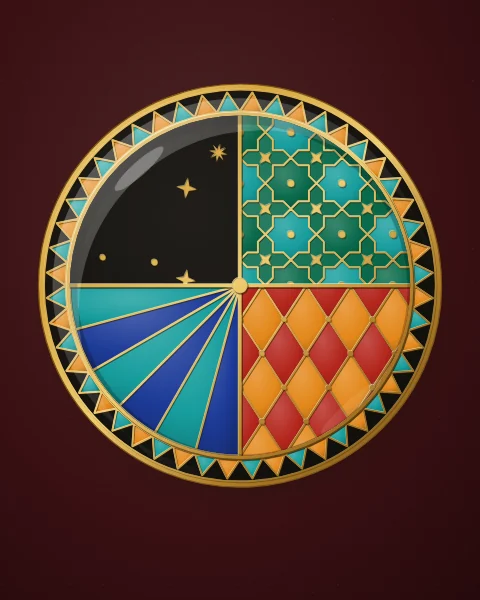 An enamel plate quartered by gold lines into four fields: emerald stars, a carnelian lattice, cobalt rays and black scattered with gold stars, on deep oxblood.