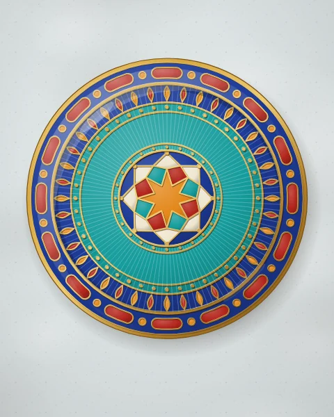 A turquoise enamel plate with fine engine-turned rays, a cobalt medallion holding an eight-pointed star at its centre, and a deep rim of carnelian and saffron petals and cartouches, on pale blue plaster.