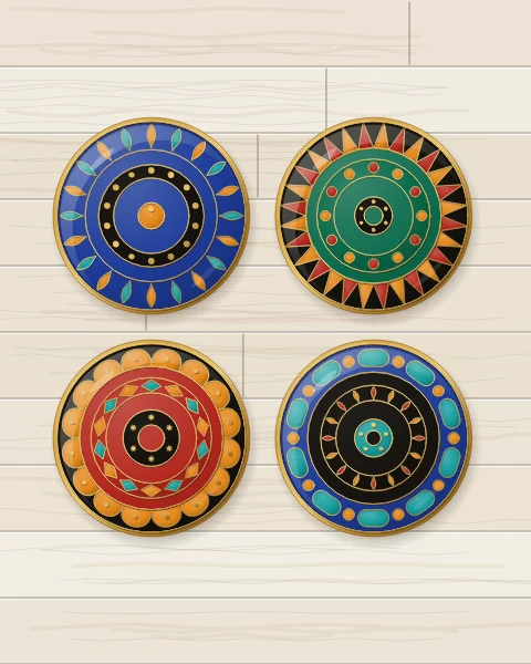 Four enamel plates built from concentric bands, petals, teeth, beads, scallops and cartouches, in cobalt, emerald, carnelian and black, on warm whitewashed boards.
