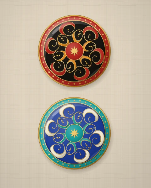 A pair of enamel plates, black and cobalt, each circled by a gold scrolling vine with curling leaves in saffron and carnelian, or turquoise and ivory.