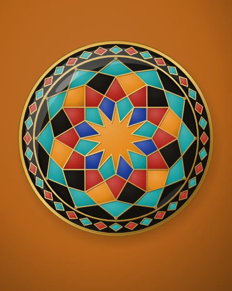 A black enamel plate with a twelve-pointed rosette of saffron, turquoise, cobalt and carnelian petals, all in raised gold line, on a deep saffron ground.