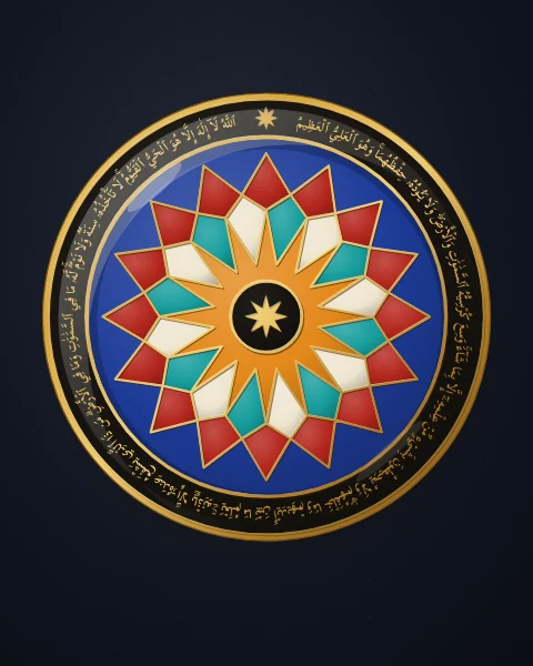 A cobalt enamel plate ringed with the Throne Verse in gold around a sixteen-pointed star of saffron, turquoise and carnelian, on a deep ink ground.