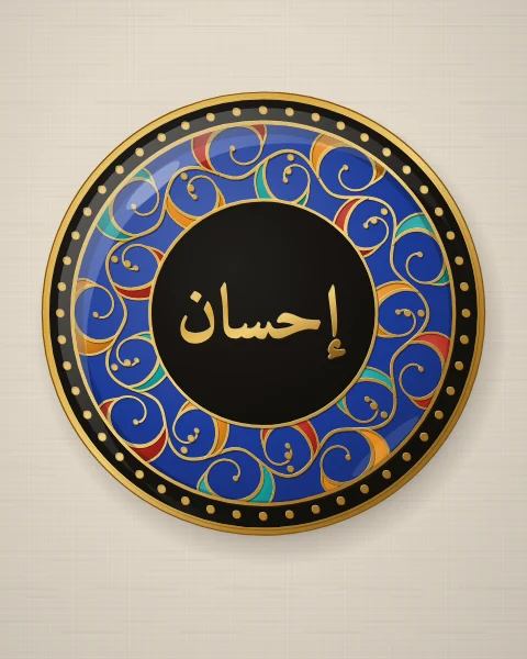 A cobalt enamel plate with a gold scroll of turquoise, saffron and carnelian leaves around a black centre holding the word ihsan in gold Naskh letters.
