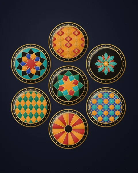 Seven enamel plates set as a honeycomb on a deep ink ground, each a different pattern: rosettes, stars, a sunburst, a lattice, an ogival net and a flower.
