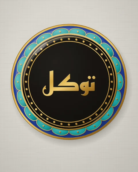 A black enamel plate with the word tawakkul, trust in God, in gold Kufic letters, inside a cobalt rim of turquoise scallops, on pale grey linen.