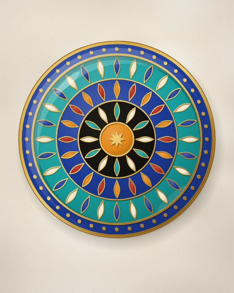 A turquoise enamel plate opening in three rings of gold-edged petals, cobalt and ivory, saffron and carnelian, turquoise and ivory, around a saffron centre.