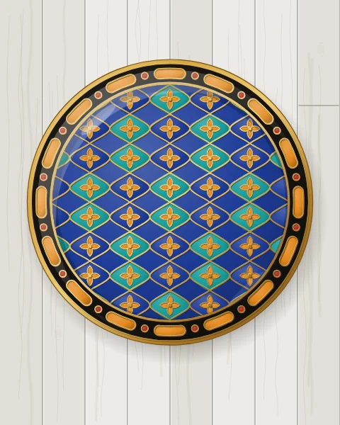 A cobalt enamel plate covered with an ogival net of turquoise lenses, each holding a small saffron flower, inside a black rim of cartouches, on grey-washed boards.