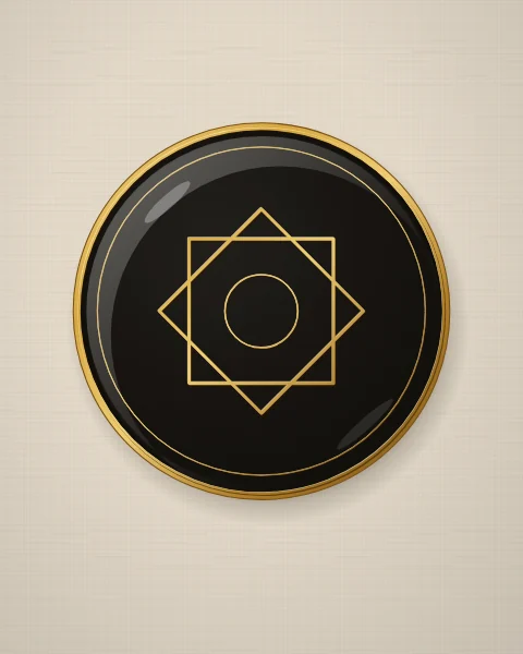 A plain black enamel plate with a single gold eight-pointed star drawn as two overlapping squares, and a slim gold edge, on oatmeal linen.