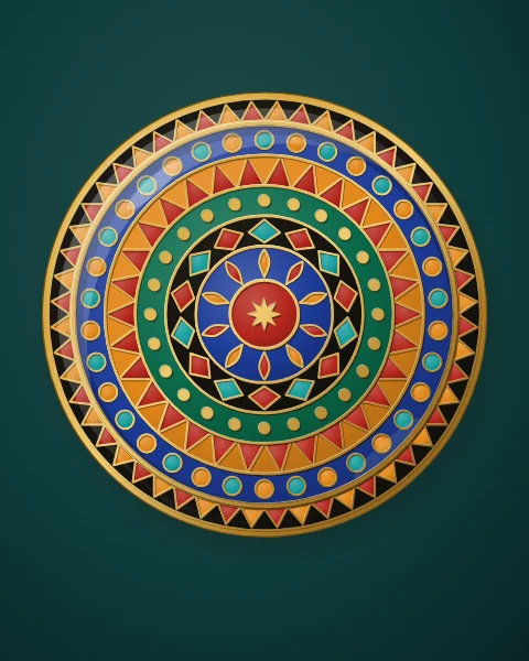 A large enamel plate of concentric rings, each a different band of beads, teeth, dots, kites or petals in cobalt, saffron, emerald and carnelian, on deep teal.