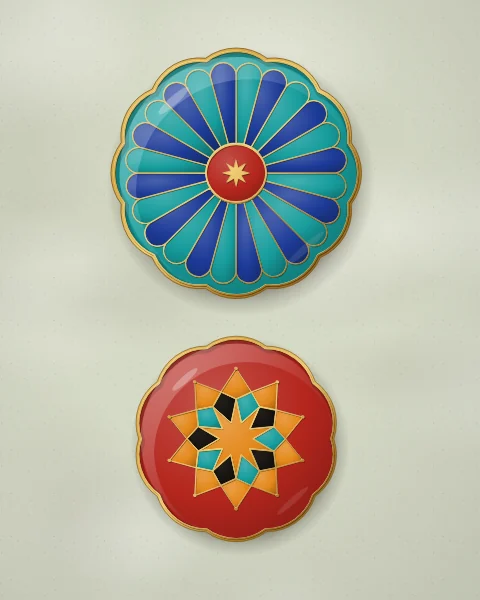 Two scalloped enamel plates, a turquoise one of cobalt rays around a carnelian centre and a smaller carnelian one with a ten-pointed rosette, on pale sage plaster.