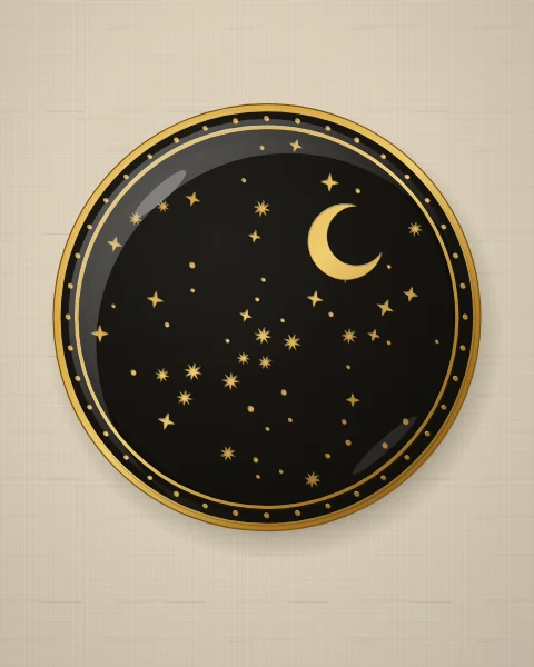 A black enamel plate scattered with small gold stars and a slim crescent, like a clear night sky, on natural linen.