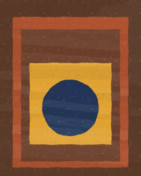 Nested fields of date brown, henna and saffron frame a single indigo circle set just below centre.