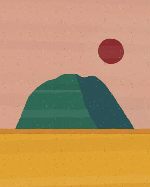 A broad green mountain stands on a saffron plain under a rose sky, with a small red sun beside its shoulder.