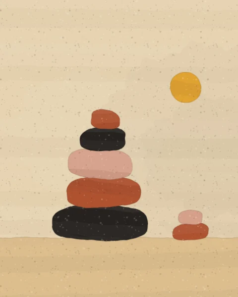 Five stones in kohl, henna and rose clay balance in a careful stack beside a smaller pair, under a small saffron sun.