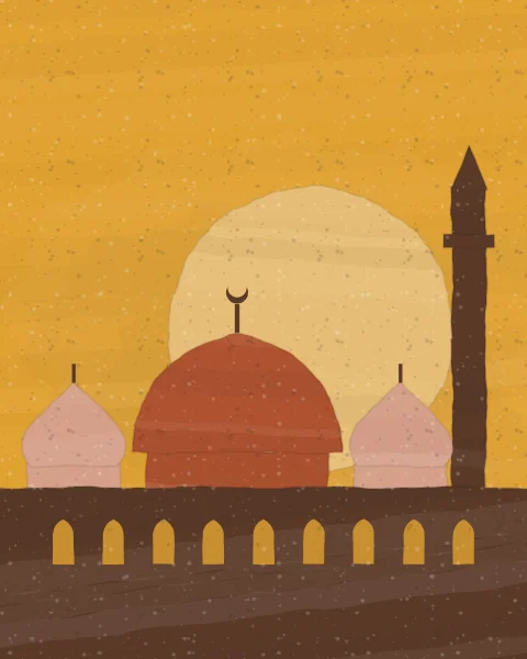 A henna dome and two smaller rose domes rise with a slim minaret above a long dark wall under a saffron sky.