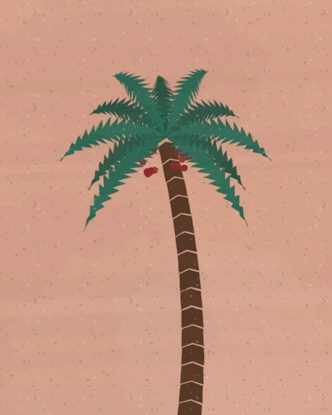 A date palm with cut-paper green fronds and hanging red dates rises on a segmented trunk against rose clay, joined by a smaller palm on the wide formats.