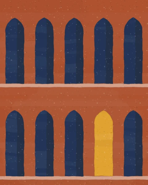 Rows of pointed indigo arches open in a henna wall, with a single arch lit saffron.