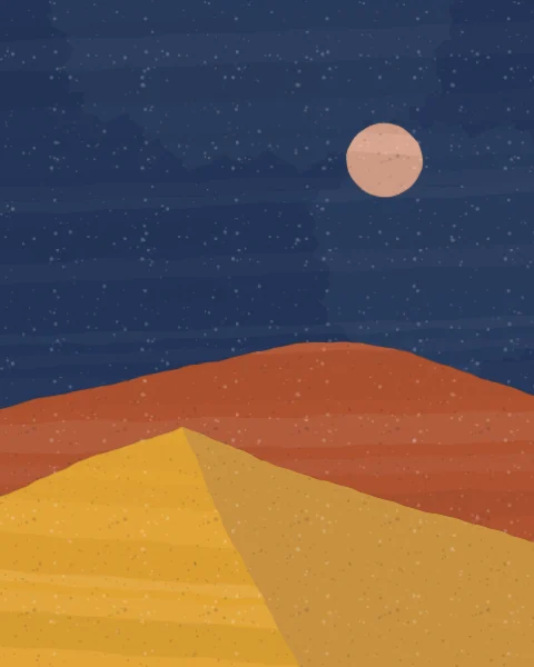 Two dunes in henna and saffron, one with a shaded slip face, lie under a small rose moon in an indigo sky.
