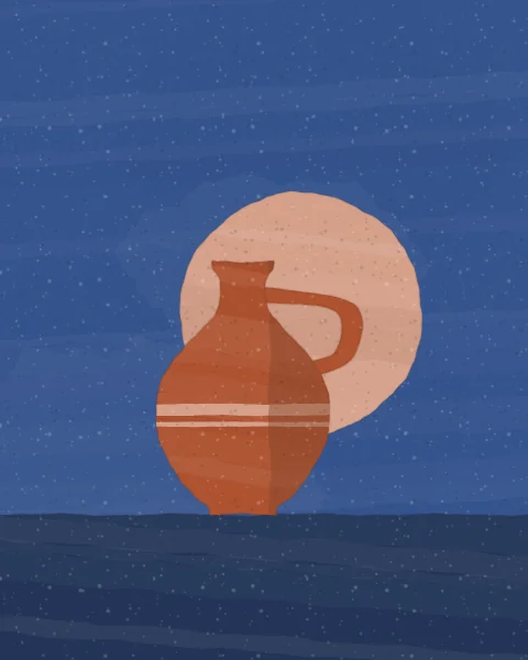 A henna clay jar with a looped handle and rose bands stands on an indigo ledge before a rose disc on lapis blue.