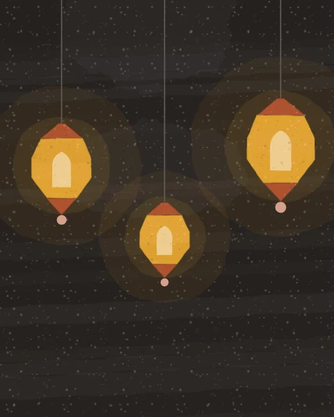 Saffron lanterns with henna caps hang at different heights from fine cords, each in a soft circle of light on a kohl ground.