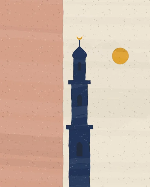 A tiered indigo minaret with a small saffron crescent rises across a ground divided into rose and plaster, beside a low sun; on the square and wide formats a dome sits at its foot.