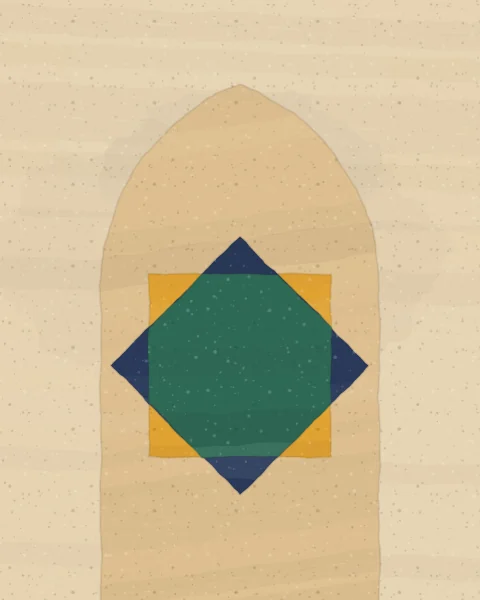 A saffron square and an indigo square overlap to form an eight-pointed star, their shared centre turning malachite.